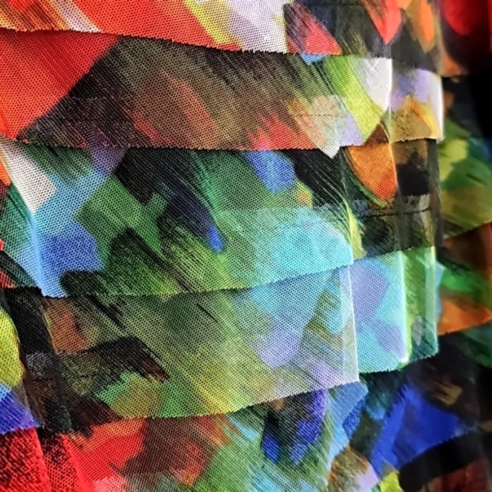 London Times Jeweltones Abstract Paint Splash Tiered Sleeveless Mesh Dress - Picture 5 of 15